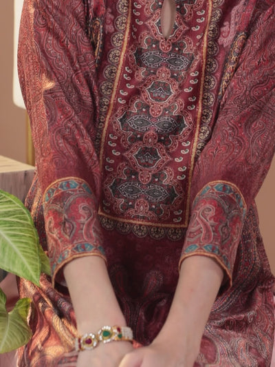 Rust Printed Velvet Straight Kurta