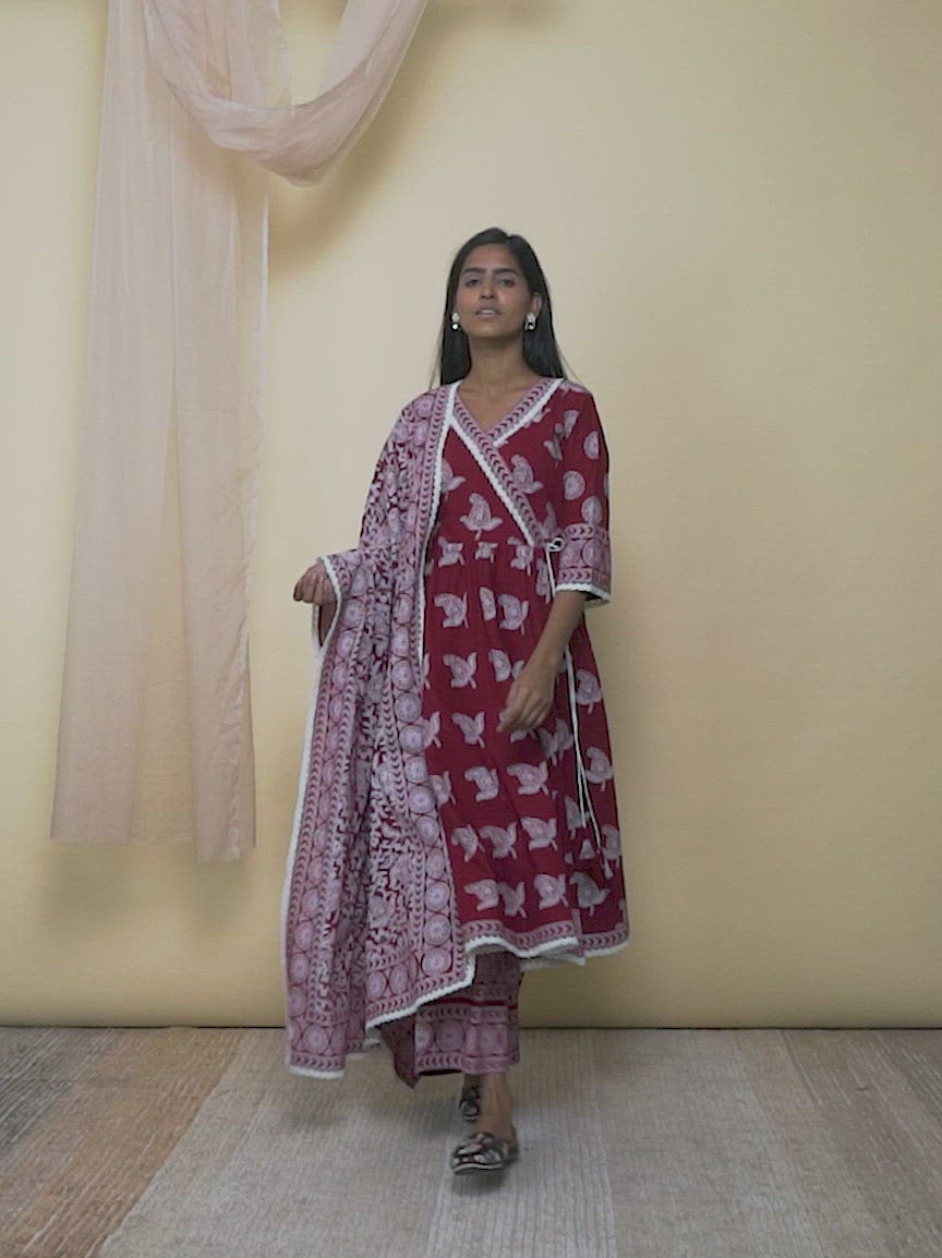 Maroon Printed Cotton Anarkali Kurta With Palazzos & Dupatta