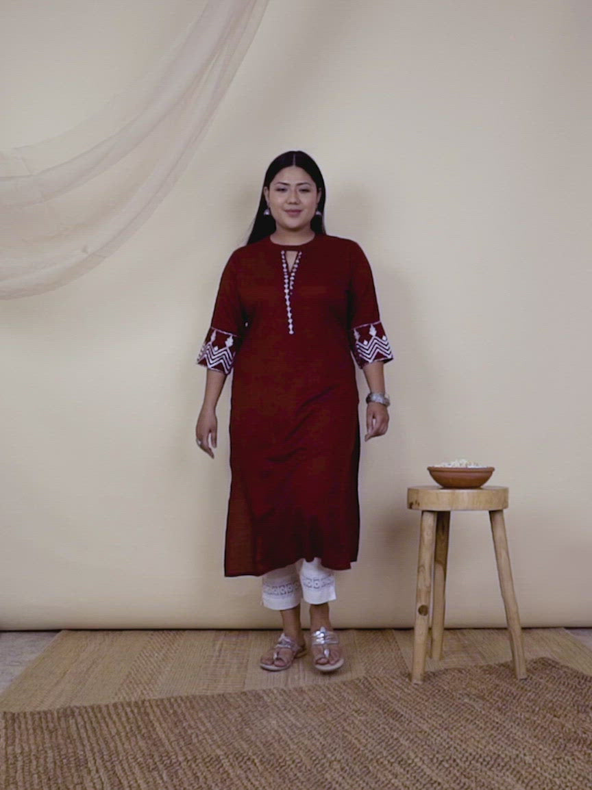  Plus Size Maroon Embroidered Rayon Kurta 
