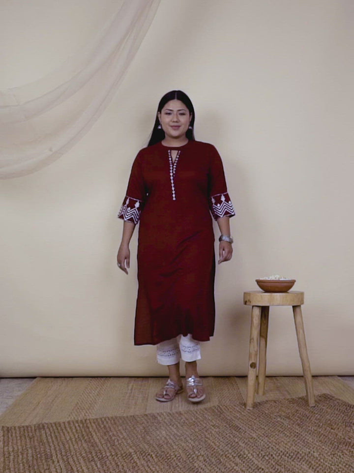 Plus Size Maroon Embroidered Rayon Kurta