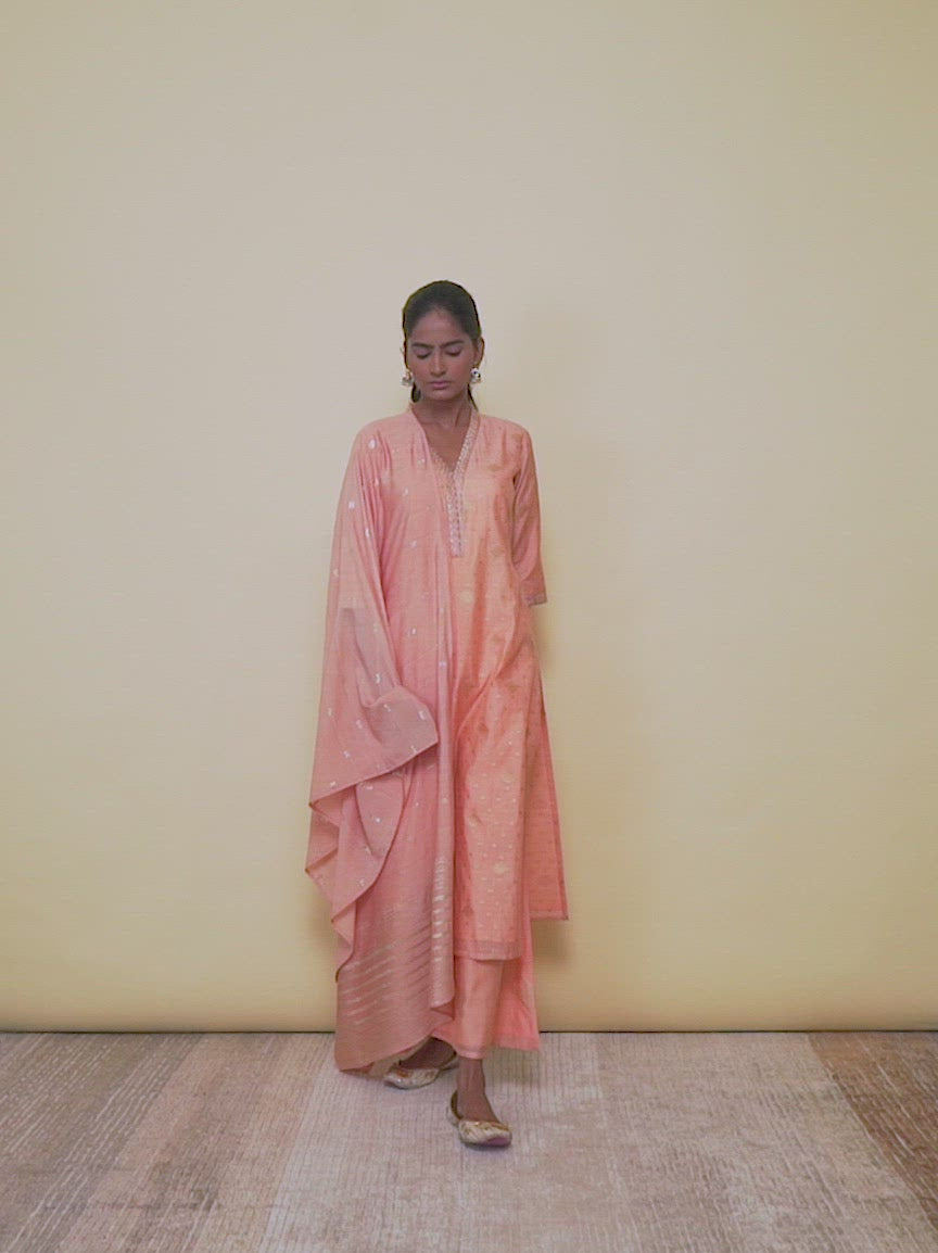  Peach Self Design Chanderi Silk Straight Kurta With Palazzos & Dupatta 