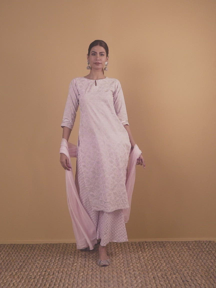 Pink Printed Cotton Straight Kurta With Palazzos & Dupatta