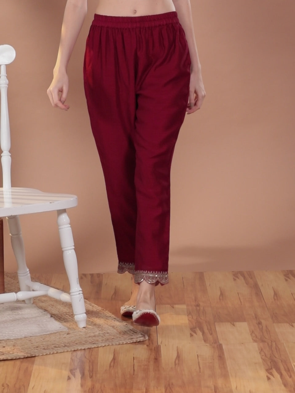  Maroon Solid Silk Trousers 