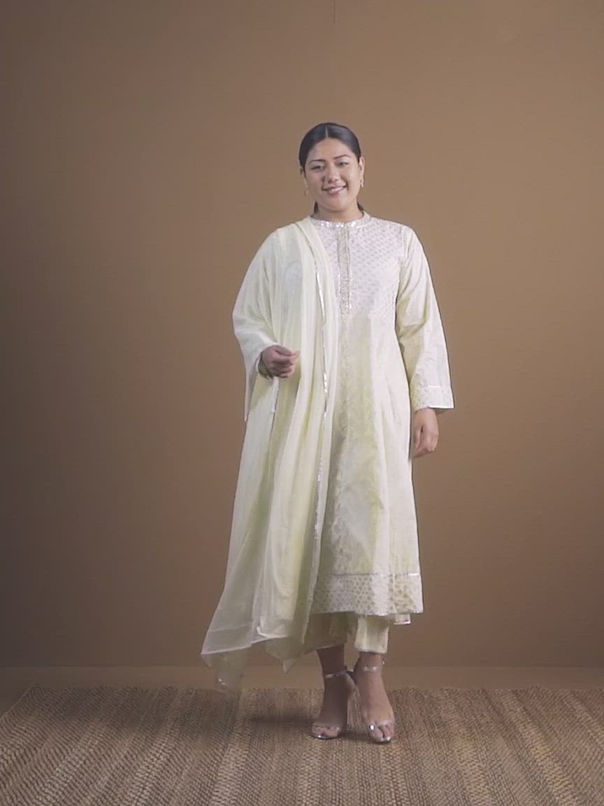  Plus Size Yellow Printed Cotton A-Line Kurta With Palazzos & Dupatta 