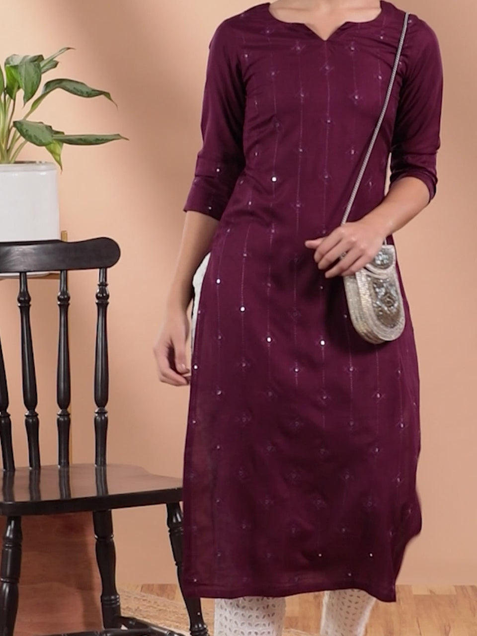 Burgundy Embroidered Rayon Kurta