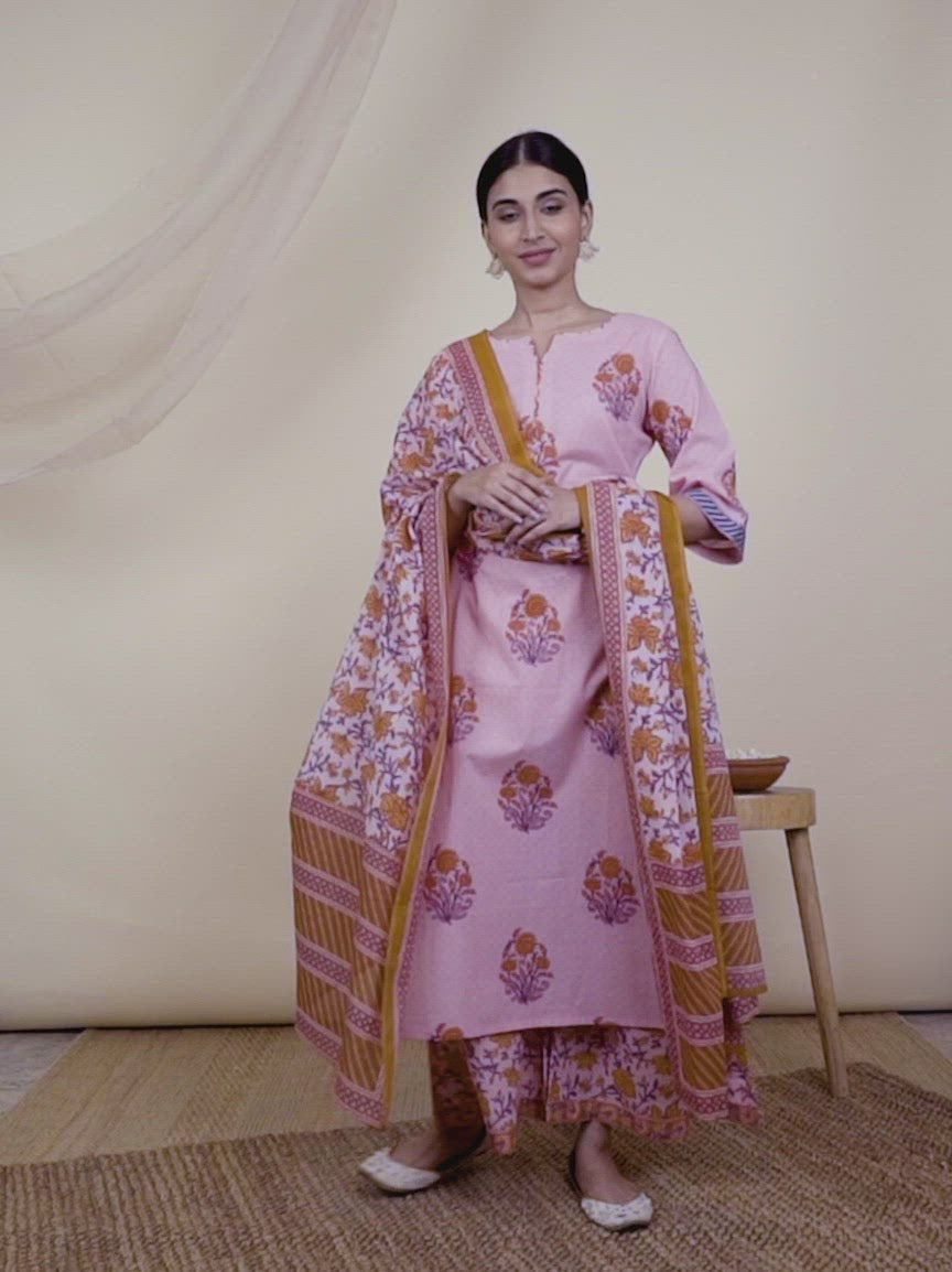  Pink Printed Cotton Straight Kurta With Palazzos & Dupatta 