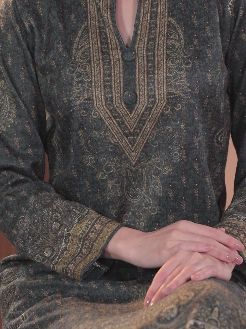 Grey Printed Wool Straight Kurta With Trousers & Dupatta