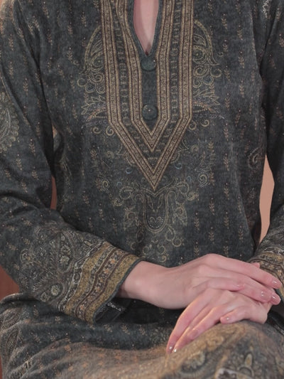 Grey Printed Wool Straight Kurta With Trousers & Dupatta