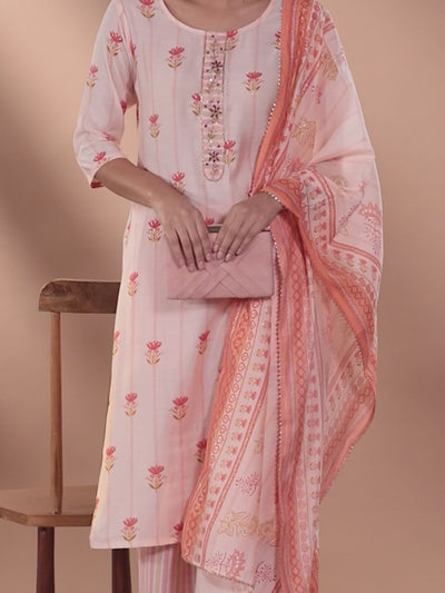 Pink Printed Silk Blend Straight Kurta With Dupatta