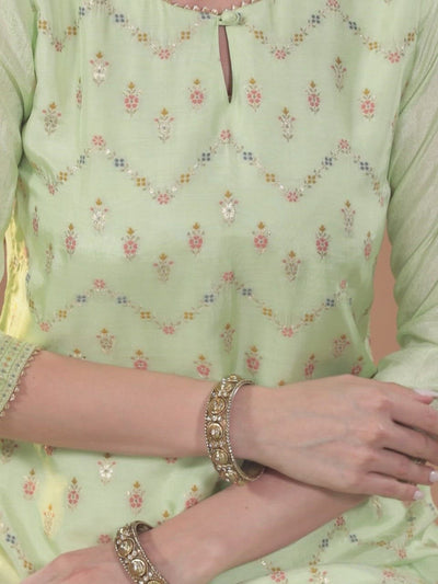 Green Woven Design Silk Straight Kurta With Dupatta