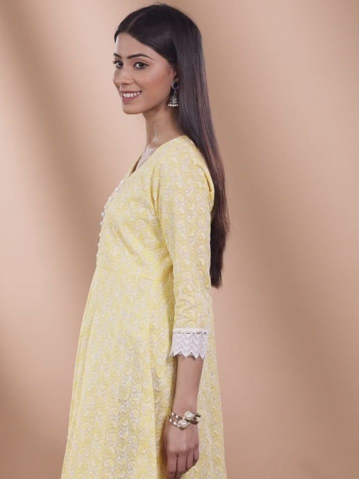 Yellow Embroidered Cotton Kurta