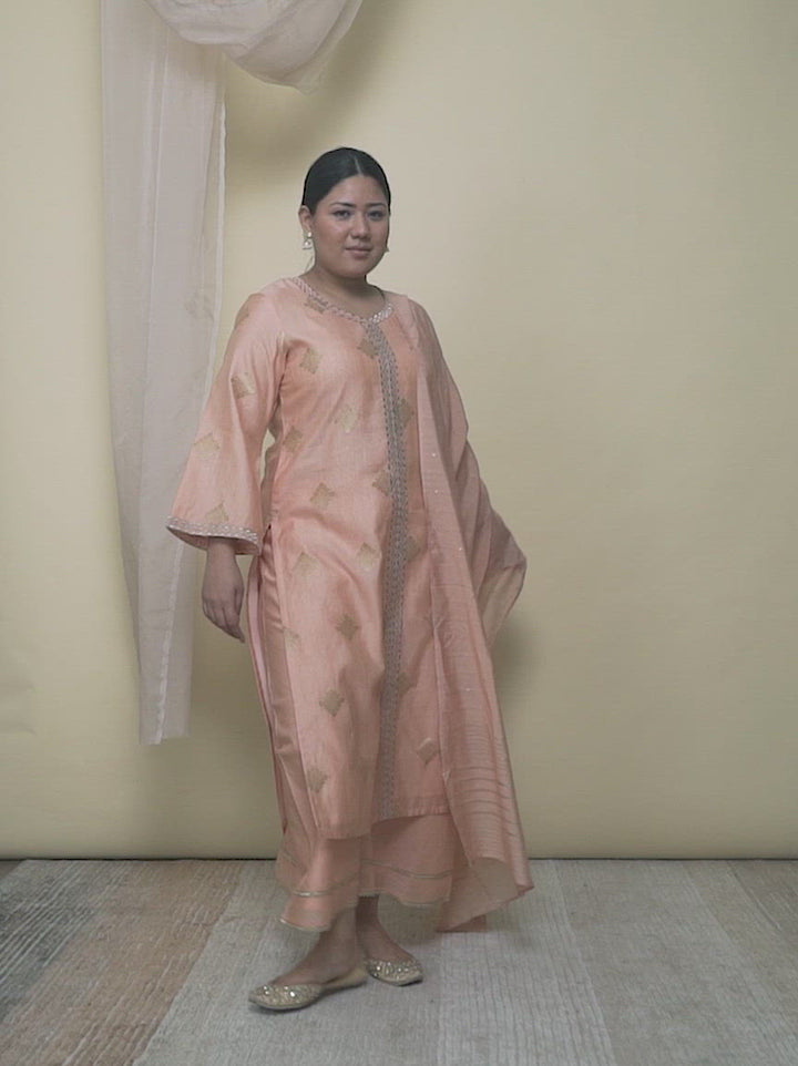 Plus Size Peach Self Design Silk Straight Kurta With Palazzos & Dupatta