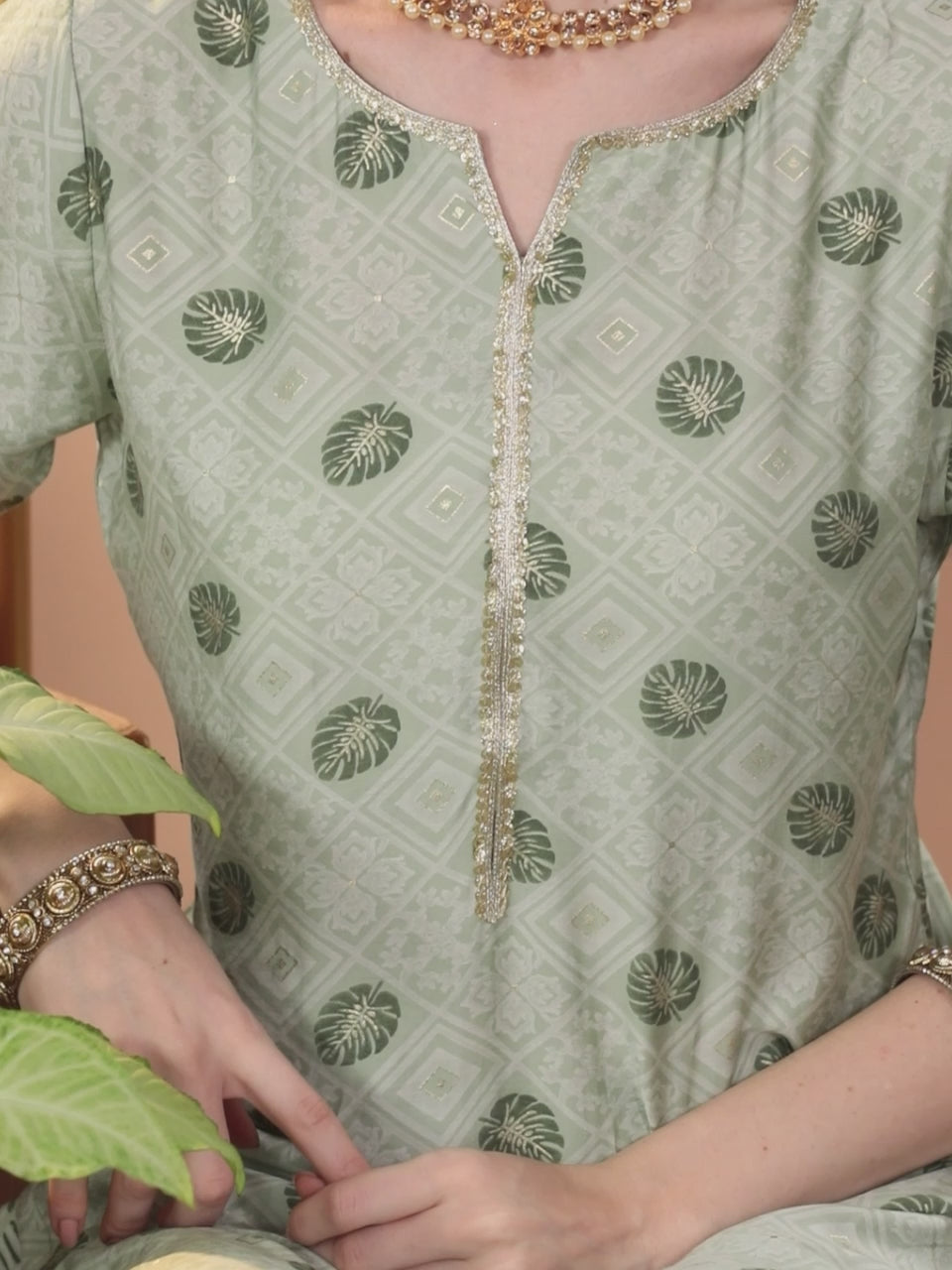 Green Printed Silk Blend Straight Kurta With Palazzos & Dupatta