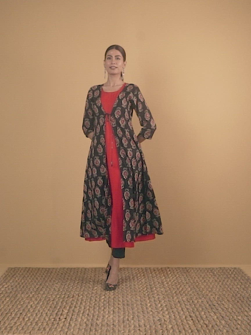  Black Printed Cotton Kurta With Jacket 