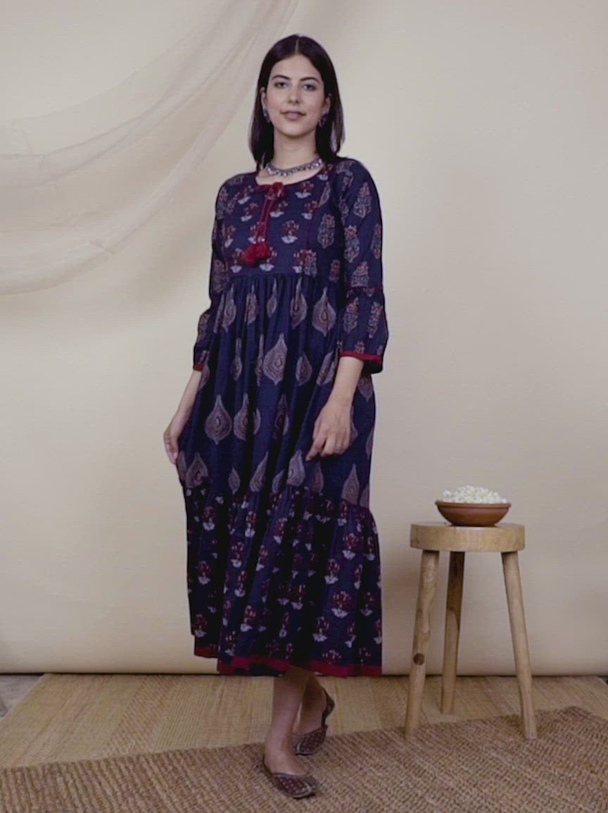 Navy Blue Printed Cotton Dress