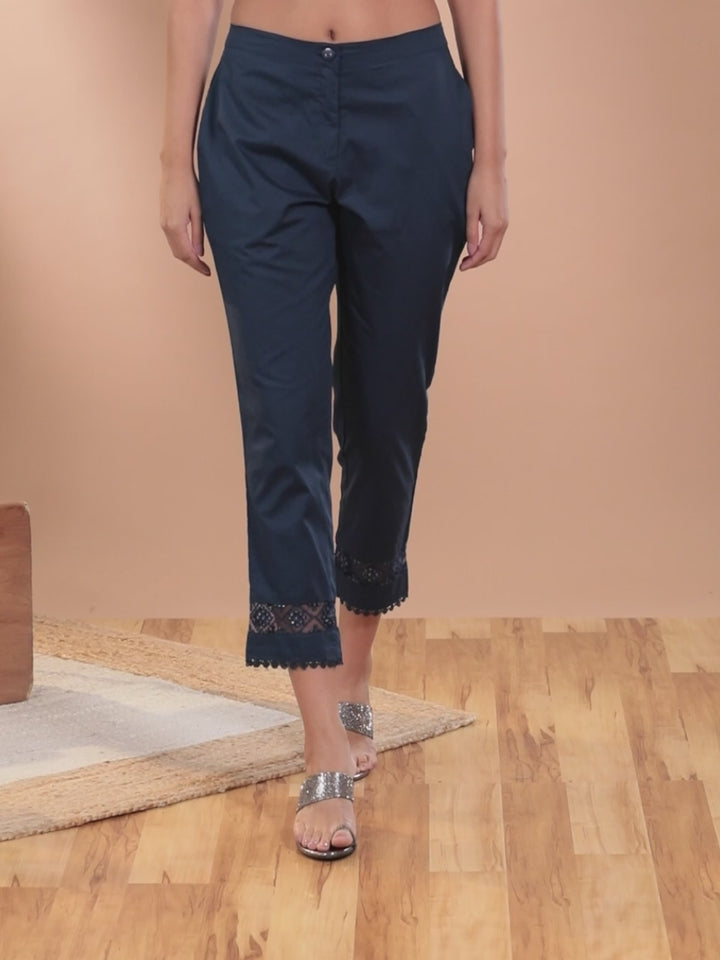 Navy Blue Solid Cotton Trousers