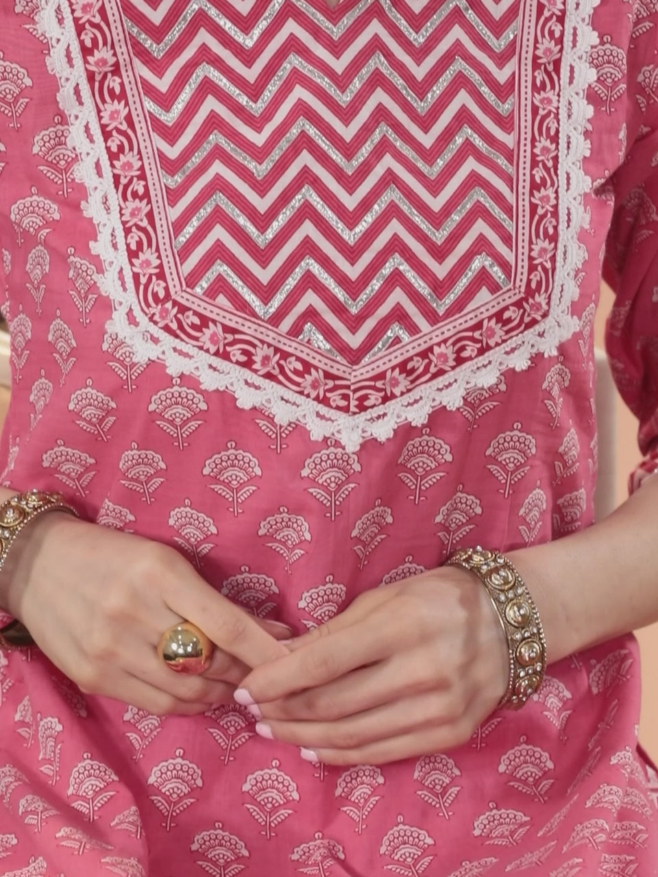  Pink Yoke Design Cotton Straight Kurta With Trousers & Dupatta 