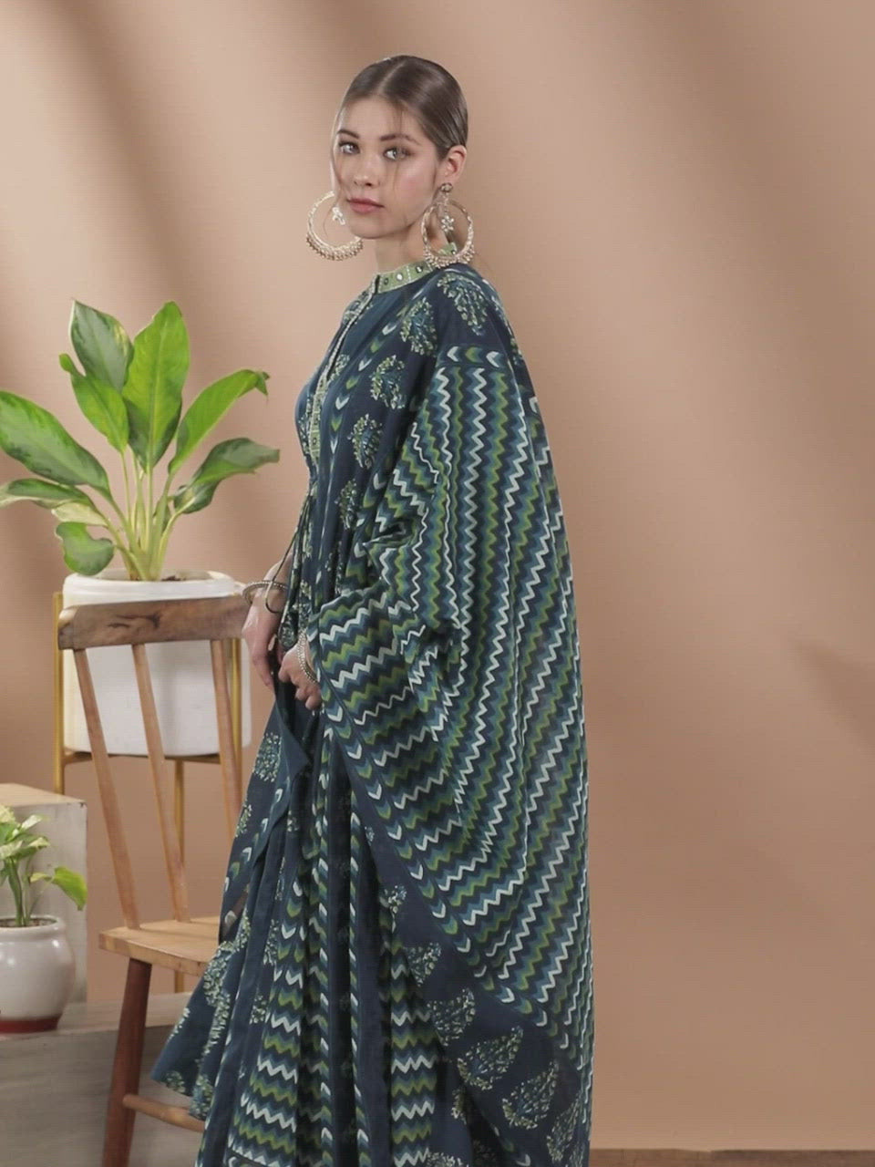 Blue Printed Cotton A-Line Kurta With Palazzos & Dupatta