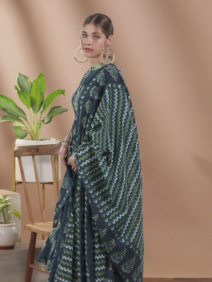 Blue Printed Cotton A-Line Kurta With Palazzos & Dupatta