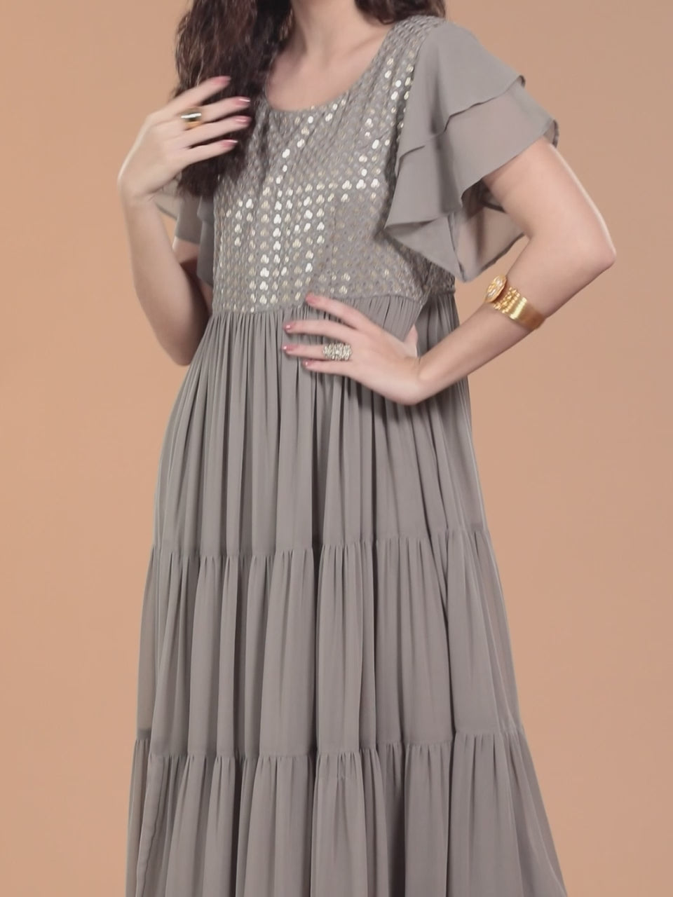  Grey Embellished Georgette Fit and Flare Dress 