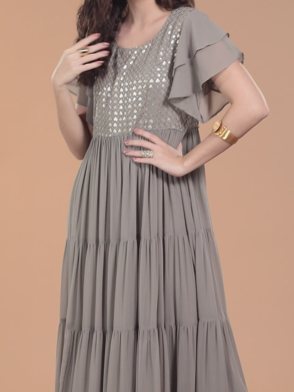 Grey Embellished Georgette Fit and Flare Dress