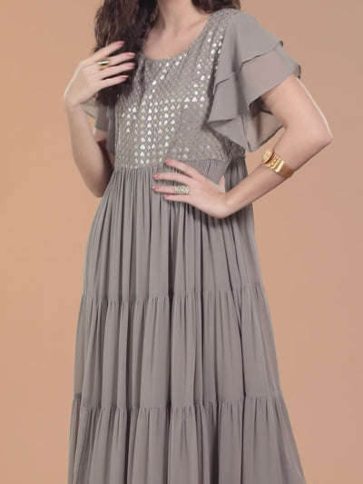 Grey Embellished Georgette Fit and Flare Dress