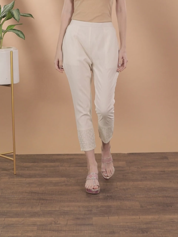 Off White Embroidered Cotton Trousers