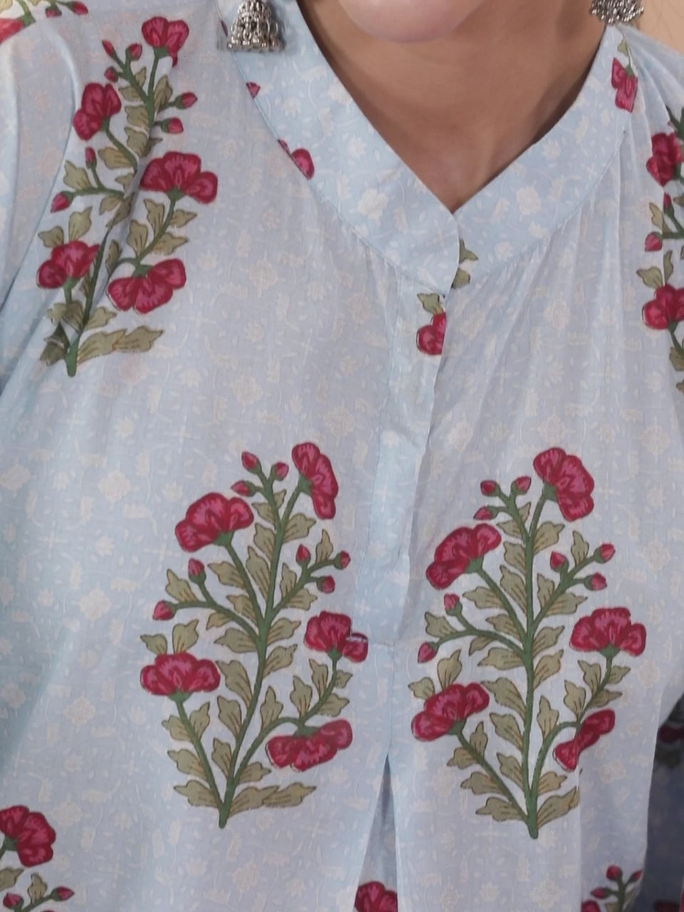 Blue Printed Cotton A-Line Kurta With Trousers