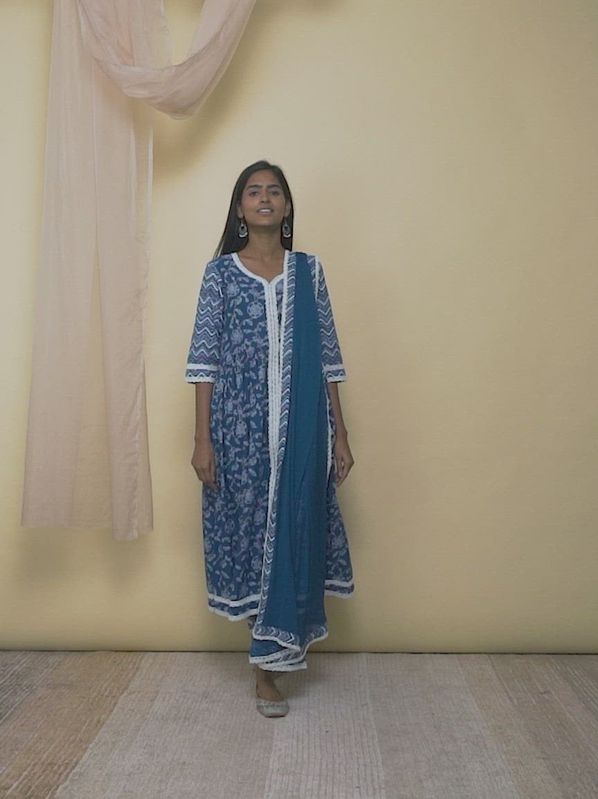 Blue Printed Cotton Anarkali Kurta With Palazzos & Dupatta