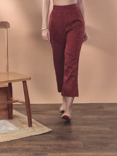 Maroon Printed Silk Trousers