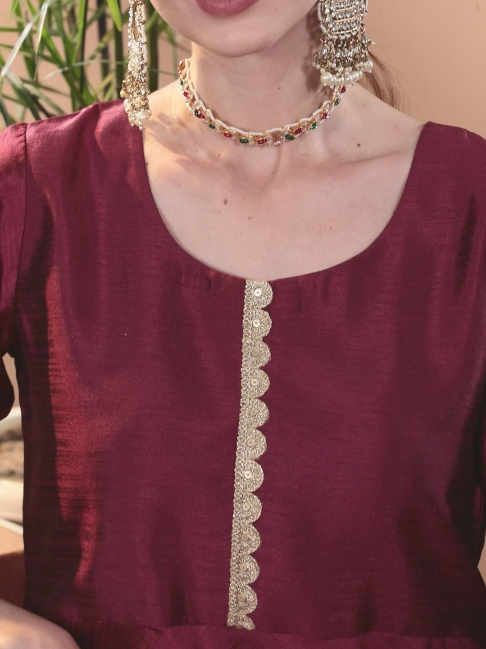  Maroon Solid Silk Blend Anarkali Kurta With Palazzos & Dupatta 