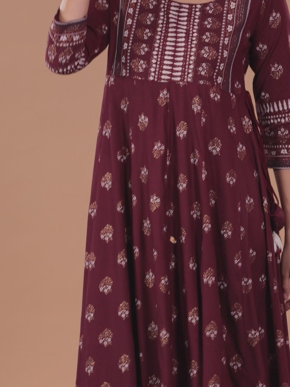  Maroon Printed Rayon A-Line Dress 