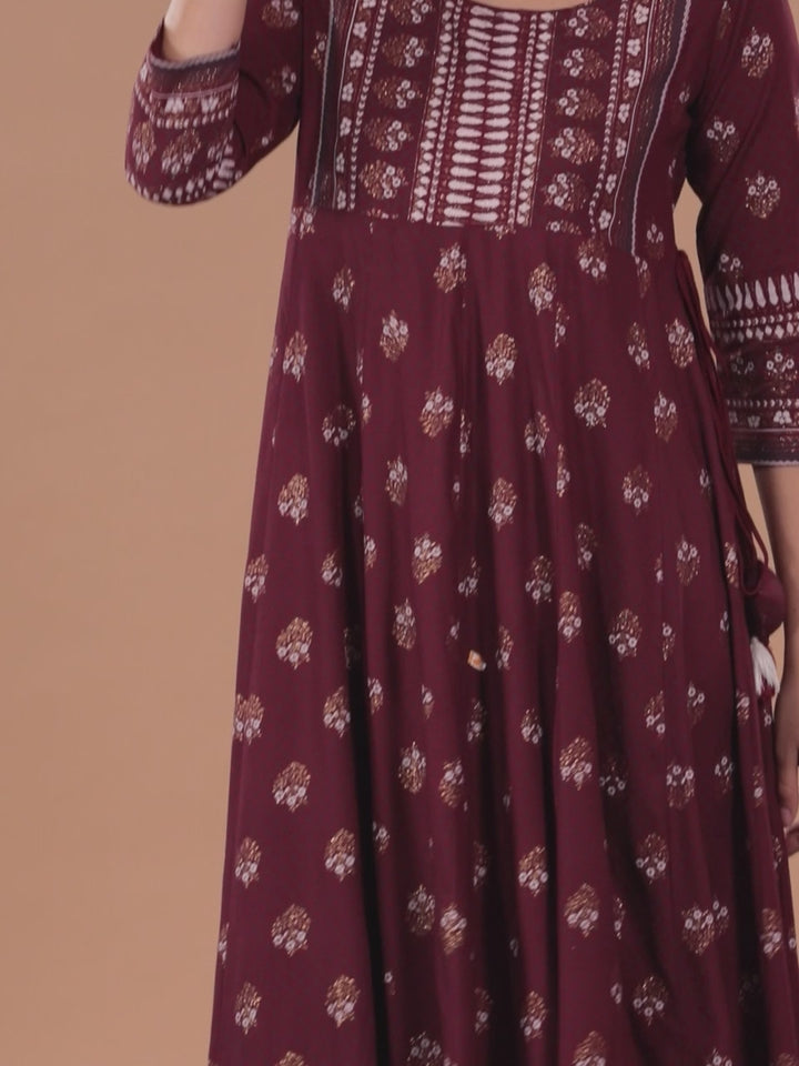 Maroon Printed Rayon A-Line Dress