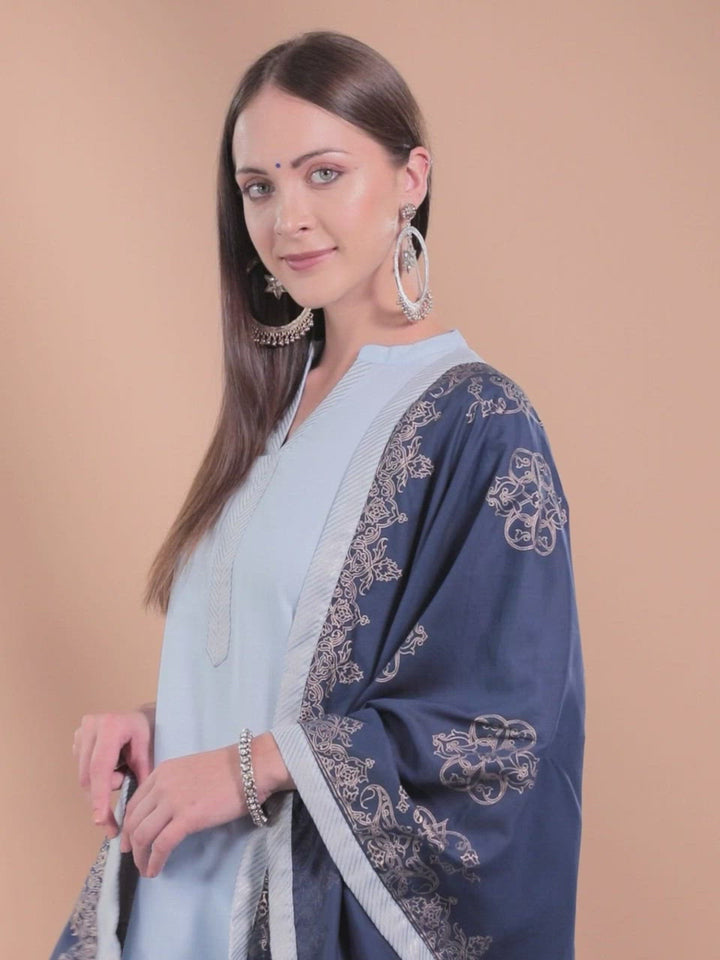 Blue Solid Cotton Straight Kurta With Palazzos & Dupatta