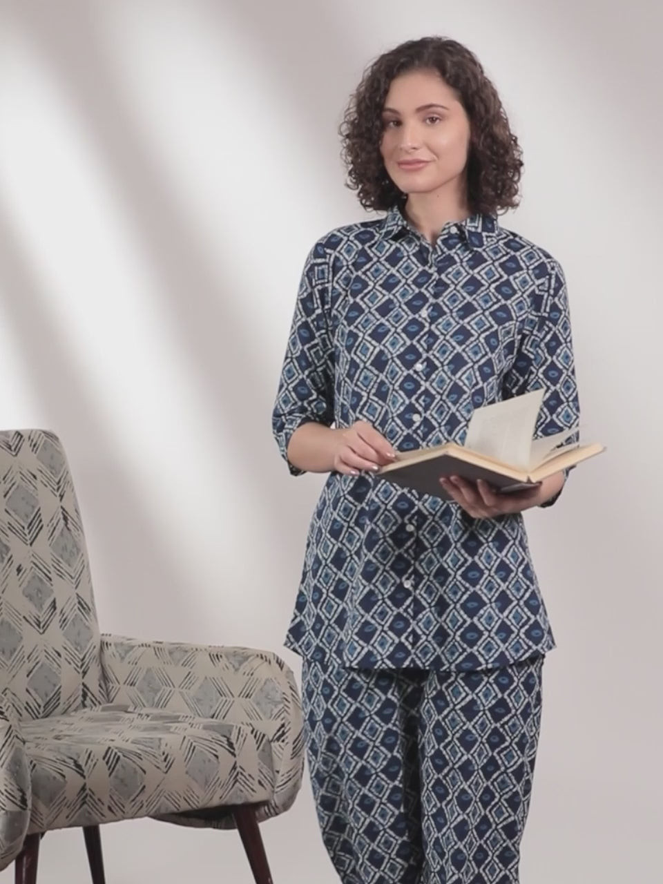 Navy Blue Printed Cotton Night Suit