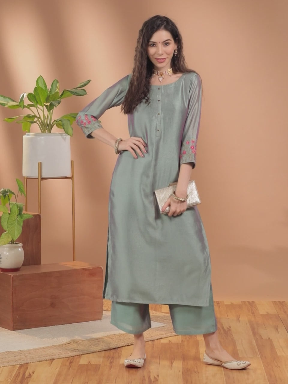  Grey Solid Silk Palazzos 