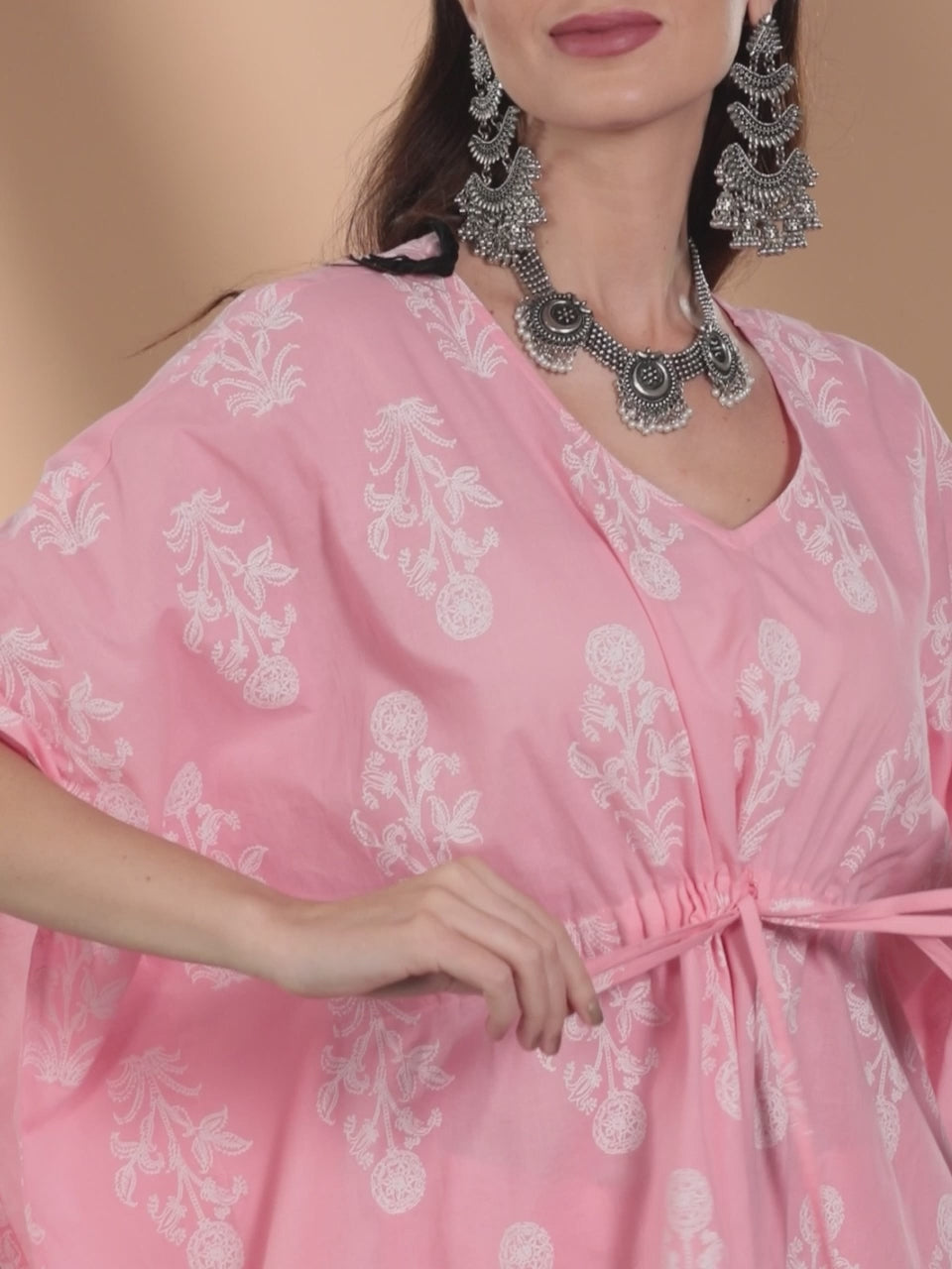  Pink Printed Cotton Kaftan Kurta With Trousers 