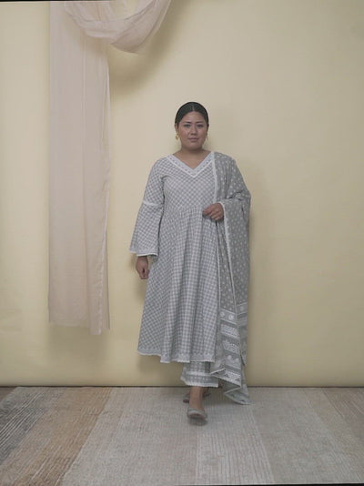 Plus Size Grey Printed Cotton Anarkali Kurta With Palazzos & Dupatta