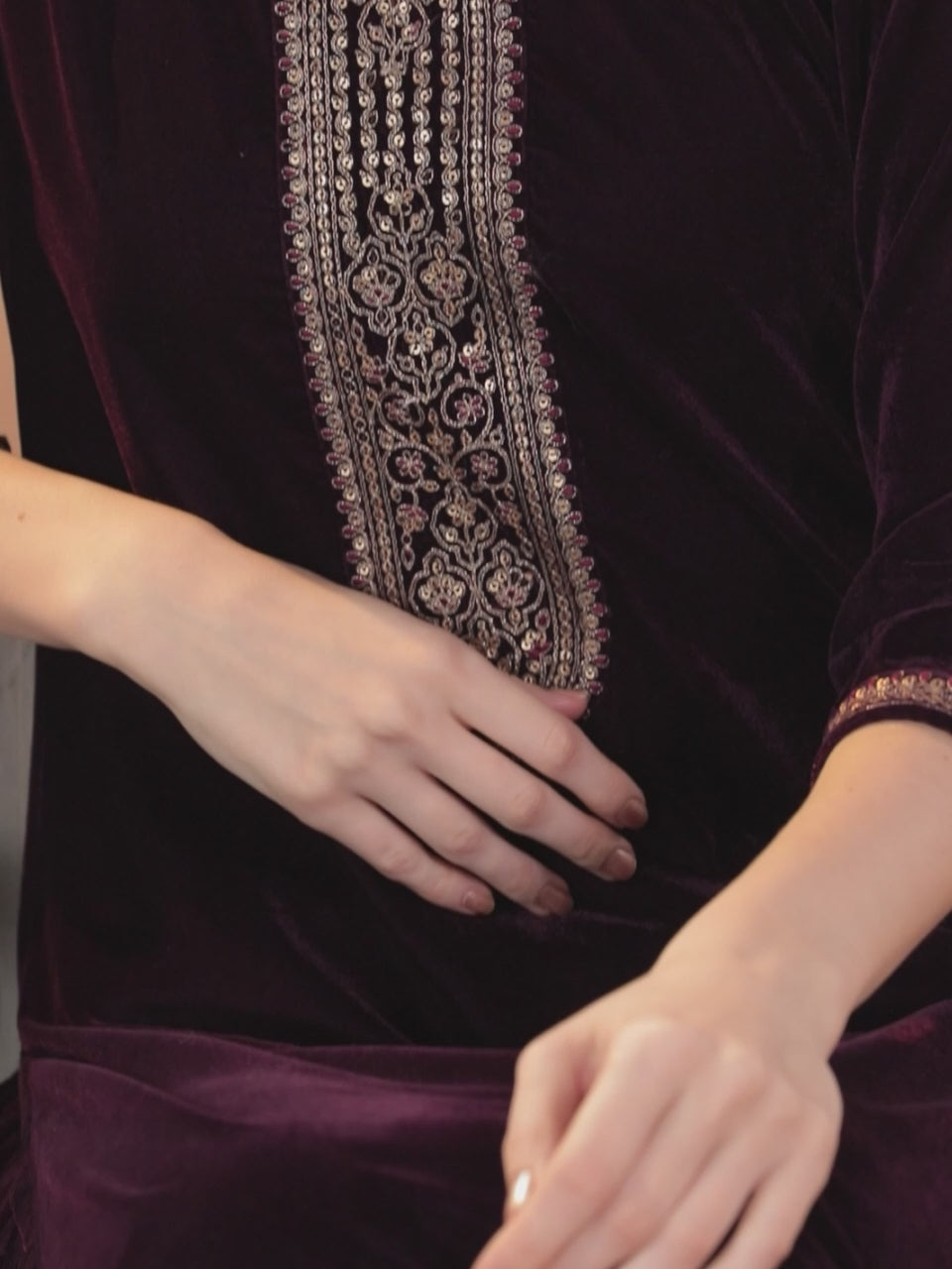  Purple Yoke Design Velvet Straight Kurta With Dupatta 