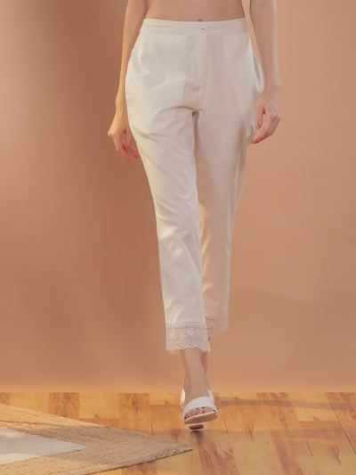 Off White Solid Cotton Trousers