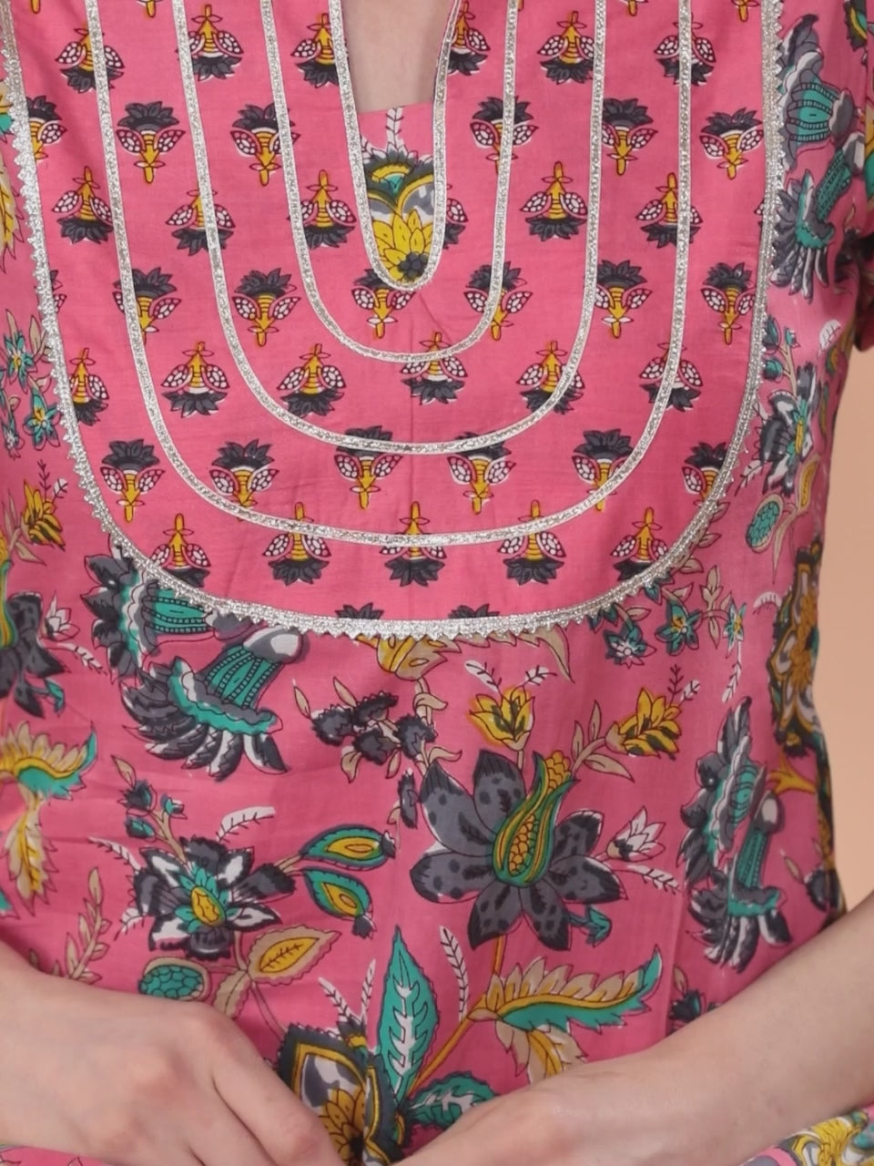  Pink Printed Cotton Straight Kurta With Trousers & Dupatta 