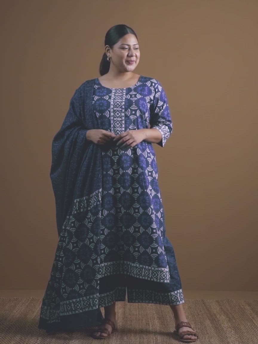 Plus Size Blue Printed Cotton Straight Kurta With Palazzos & Dupatta