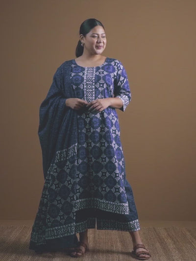 Plus Size Blue Printed Cotton Straight Kurta With Palazzos & Dupatta