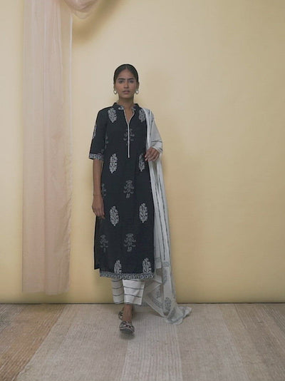 Black Printed Cotton Straight Kurta With Palazzos & Dupatta