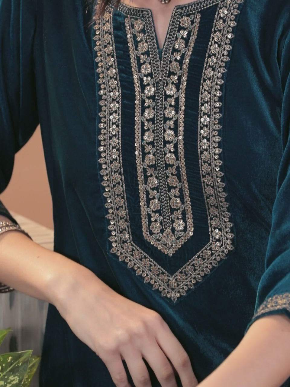 Teal Embroidered Velvet Straight Kurta With Dupatta