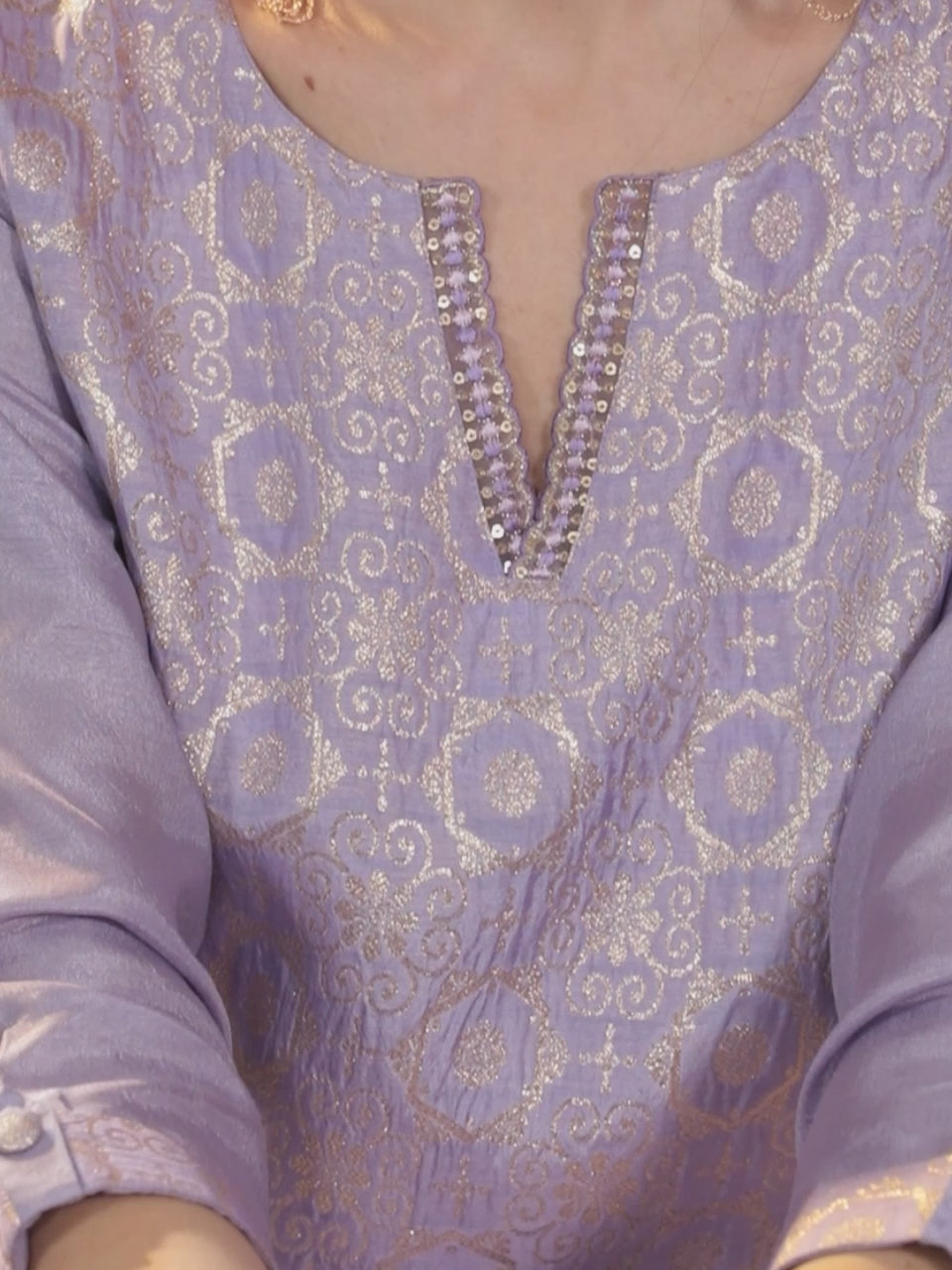 Lavender Woven Design Silk Blend Straight Kurta With Palazzos & Dupatta