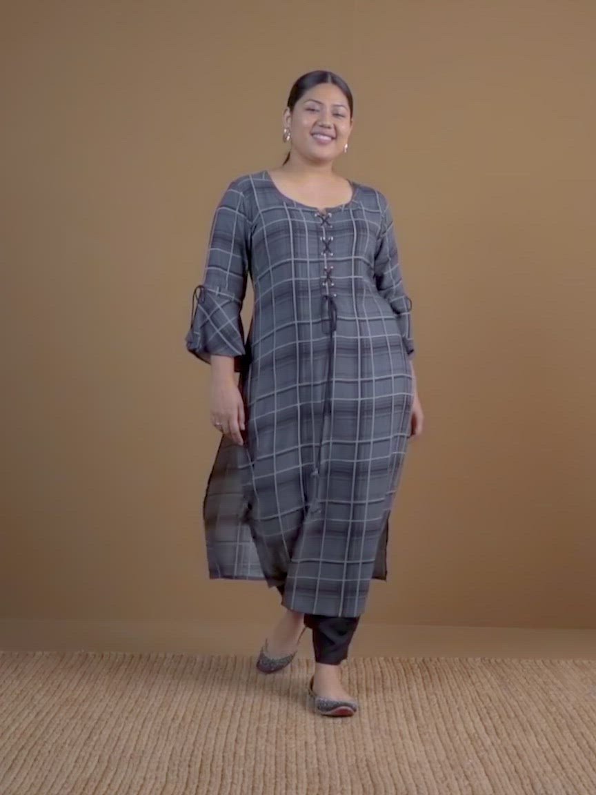  Plus Size Green Checkered Rayon Kurta 