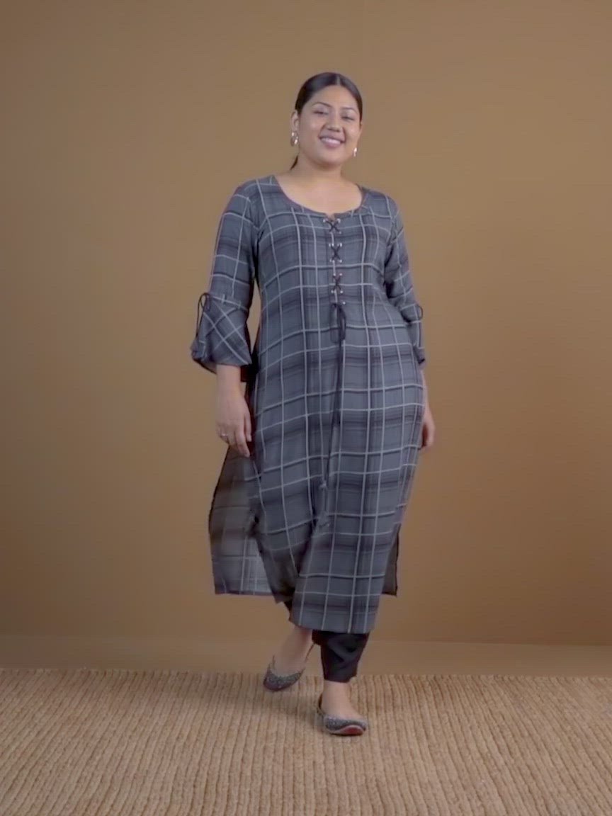 Plus Size Green Checkered Rayon Kurta