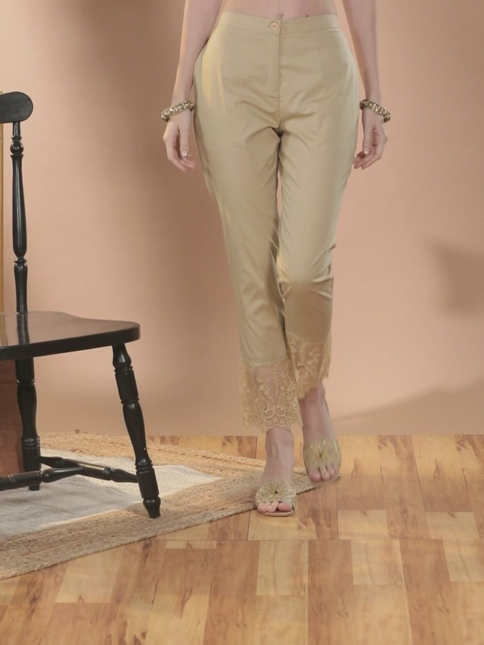 Beige Solid Cotton Trousers