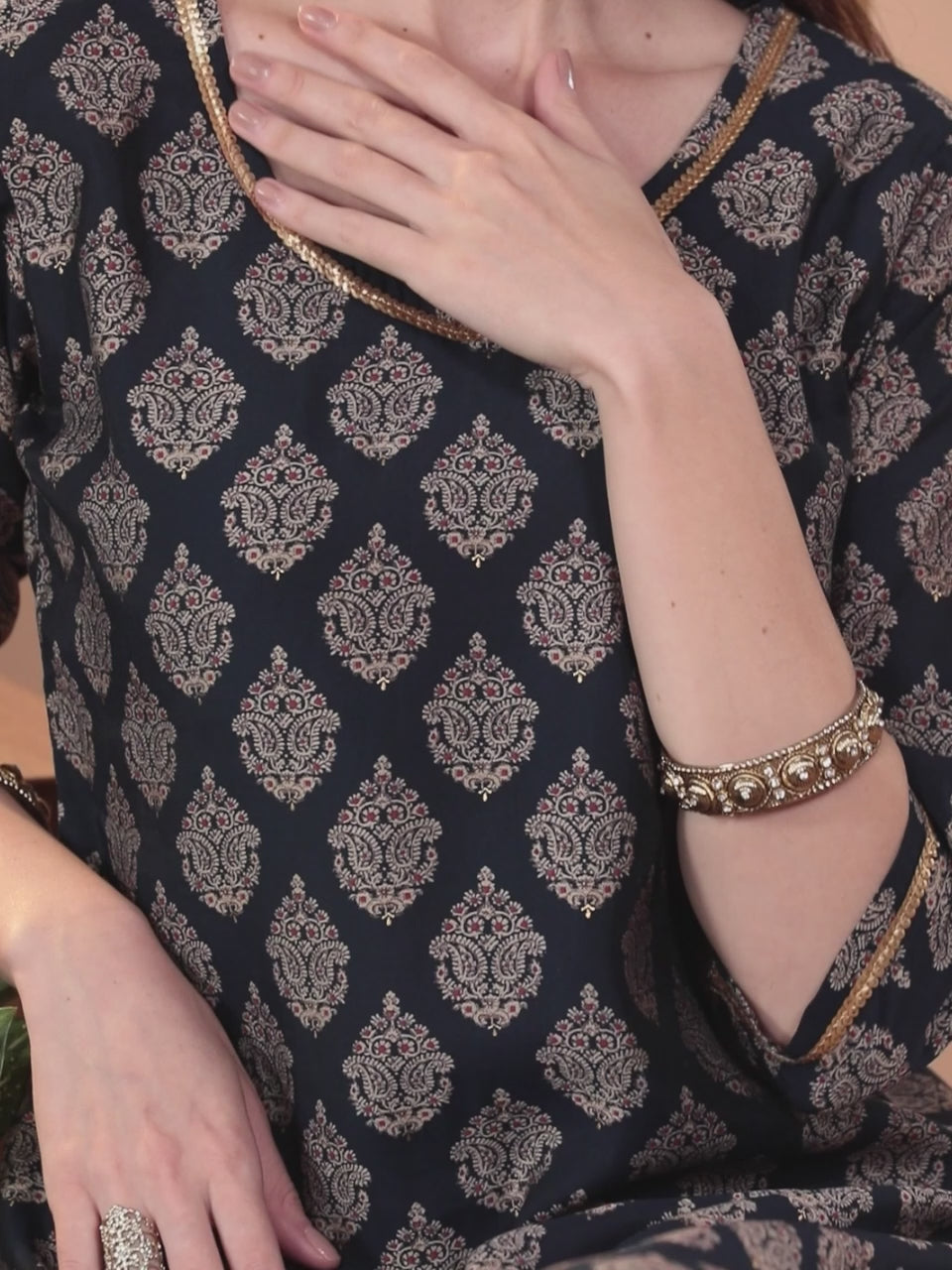  Navy Blue Printed Silk Straight Kurta 